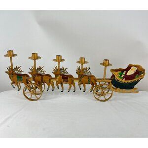 VTG Santa Sleigh Reindeer Metal Candle Holder Decor Centerpiece Mantel